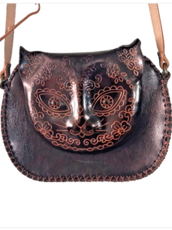 Leather Cat Face Crossbody Bag Hand Tooled Embossed Black Boho Whipstitch - Picture 13 of 14